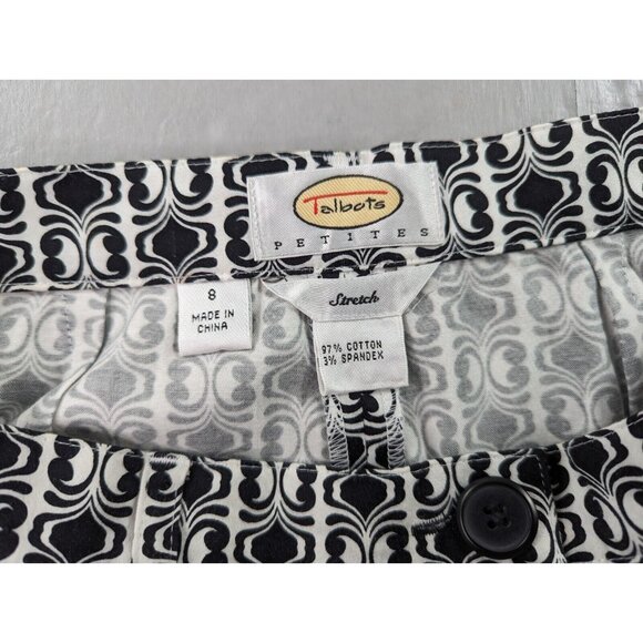 Talbots Petite Geometric Print Pants Women's Size 8 Black‎ White Stretch - Picture 2 of 7